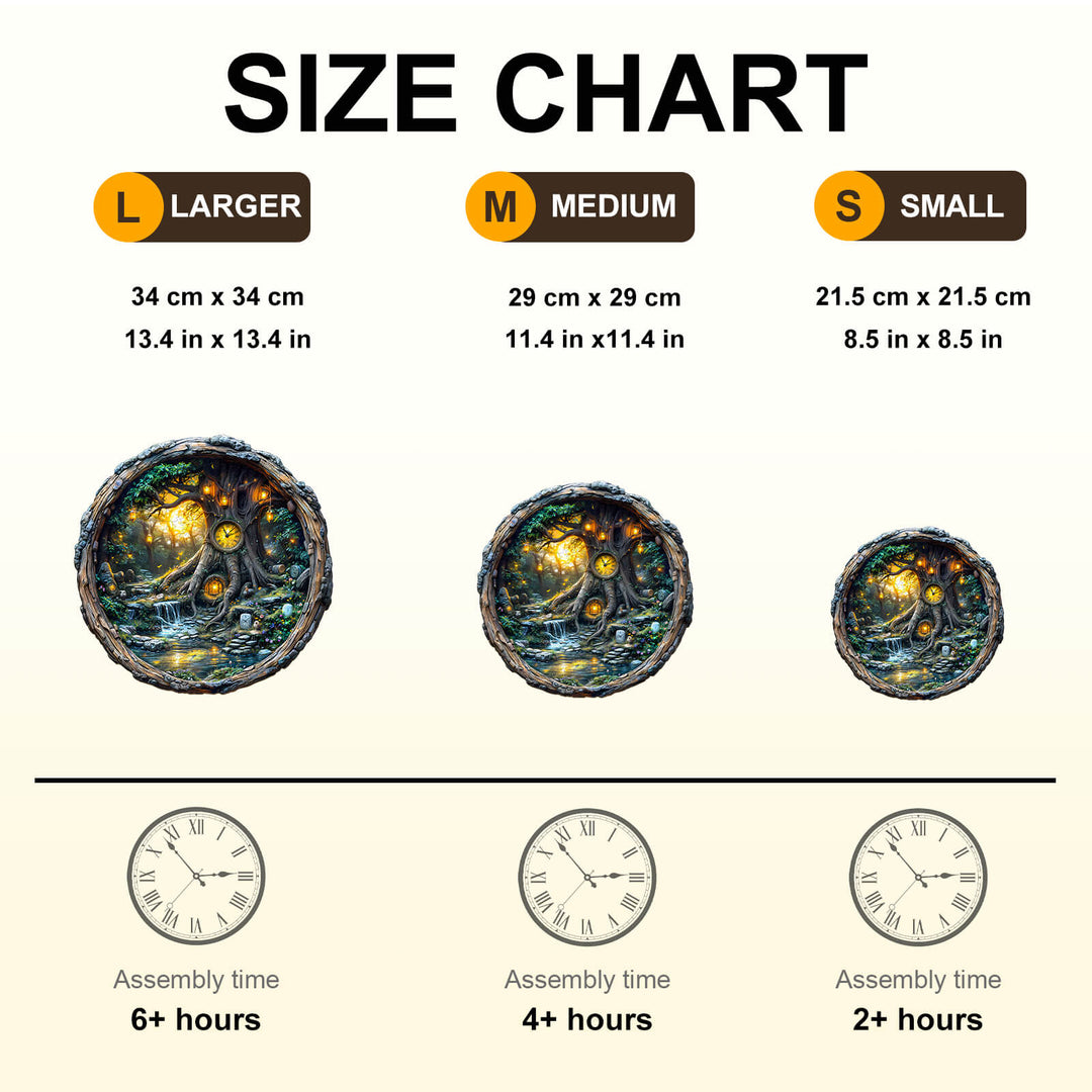Size chart for Magic time tree wooden jigsaw puzzle showing dimensions and assembly times for different sizes.