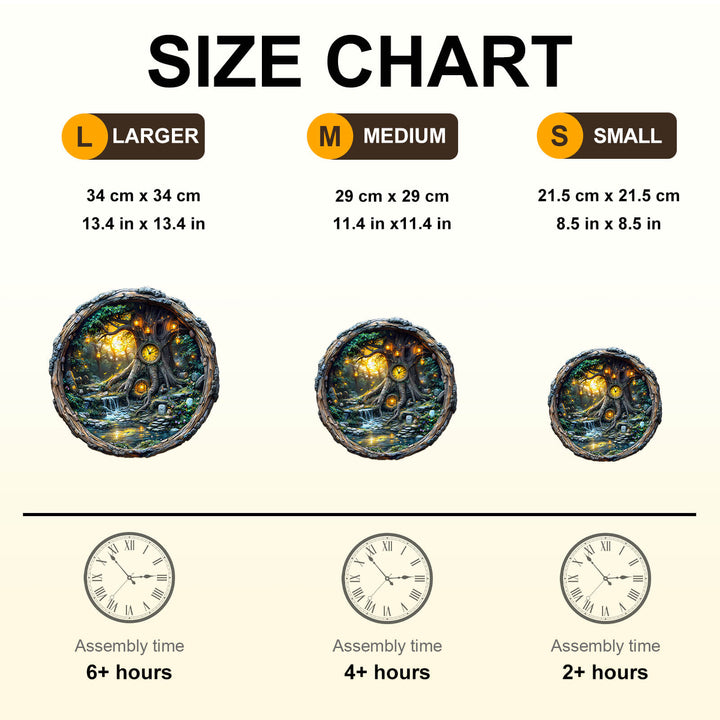 Size chart for Magic time tree wooden jigsaw puzzle showing dimensions and assembly times for different sizes.