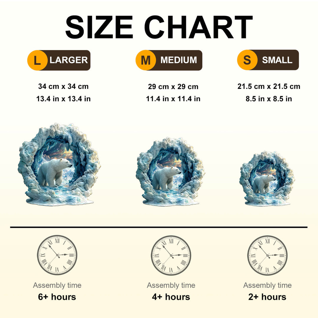 Size chart for 3D Arctic Glory Wooden Jigsaw Puzzle showing large, medium, and small options with assembly times.