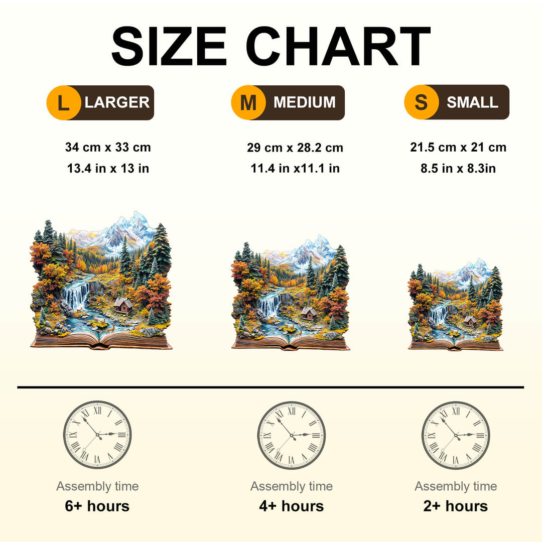 Size chart for Autumn Wonderland Wooden Jigsaw Puzzle: large, medium, and small options with assembly times.