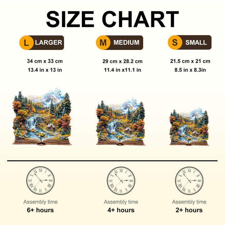 Size chart for Autumn Wonderland Wooden Jigsaw Puzzle: large, medium, and small options with assembly times.
