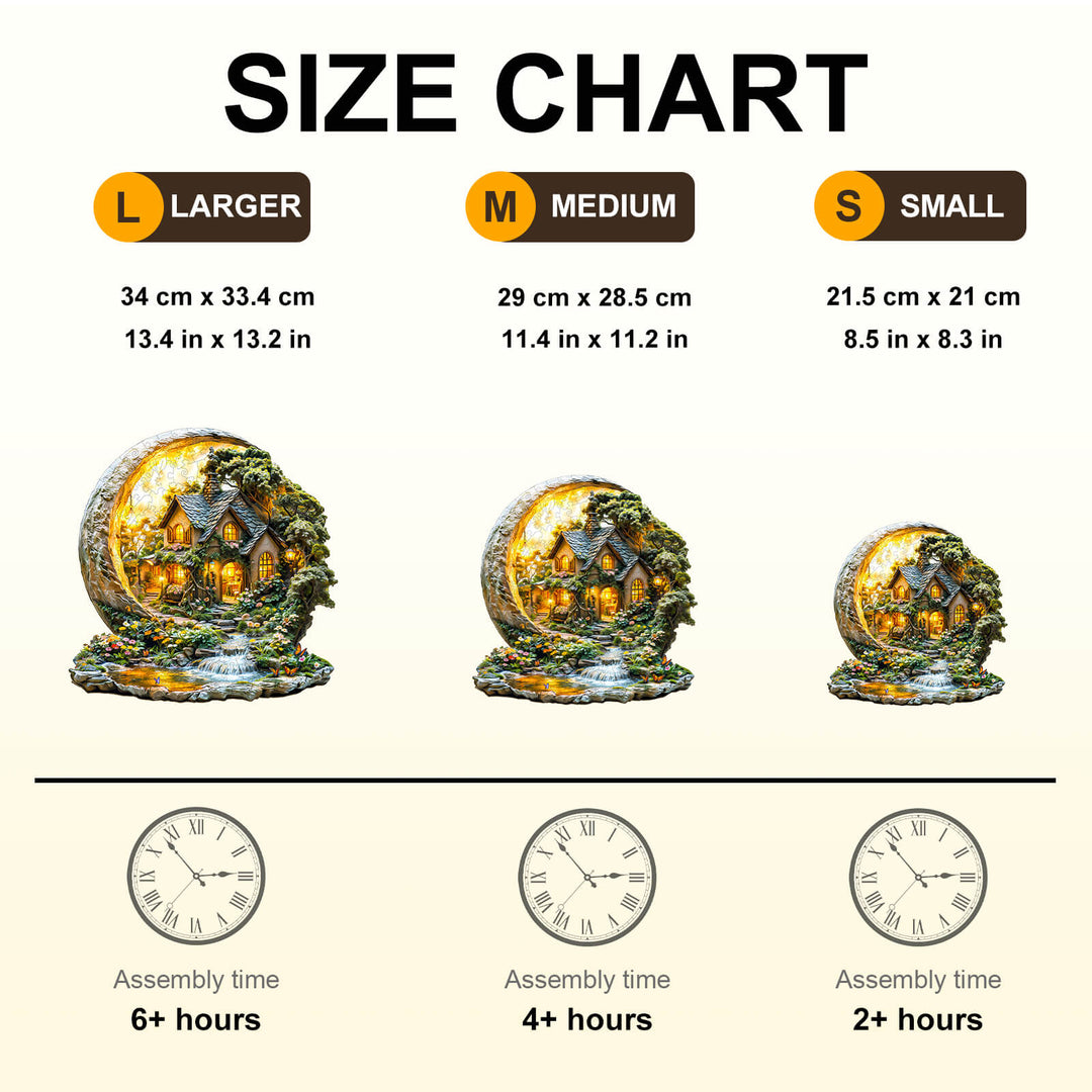 Size chart for wooden jigsaw puzzle featuring larger, medium, and small sizes with assembly time details.