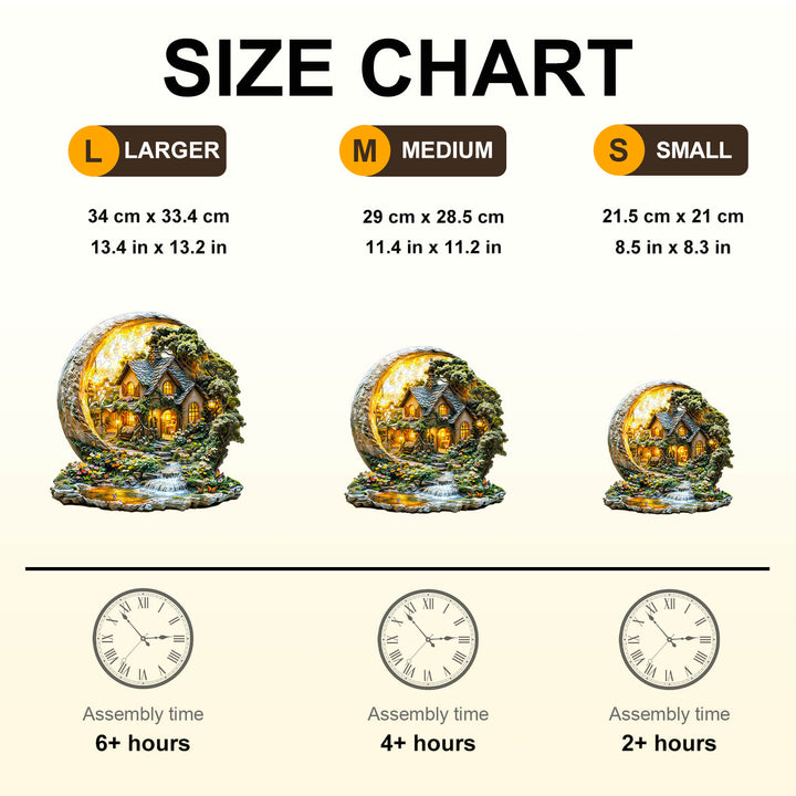 Size chart for wooden jigsaw puzzle featuring larger, medium, and small sizes with assembly time details.