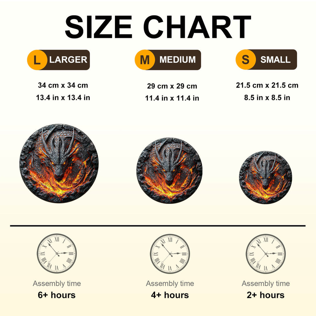 Size chart for the 3D flame wall dragon wooden jigsaw puzzle with assembly time and dimensions.