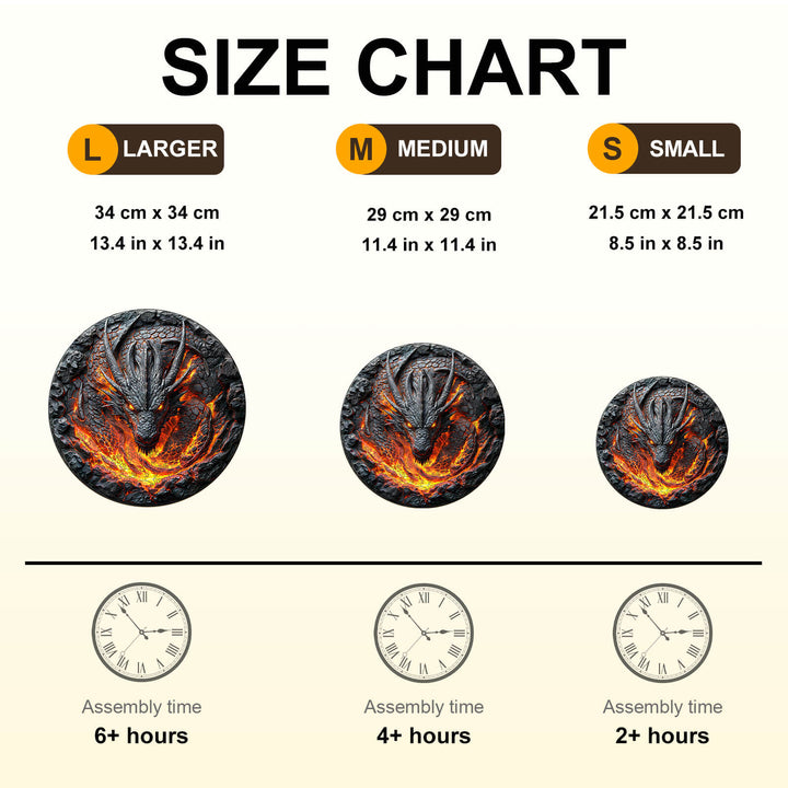 Size chart for the 3D flame wall dragon wooden jigsaw puzzle with assembly time and dimensions.