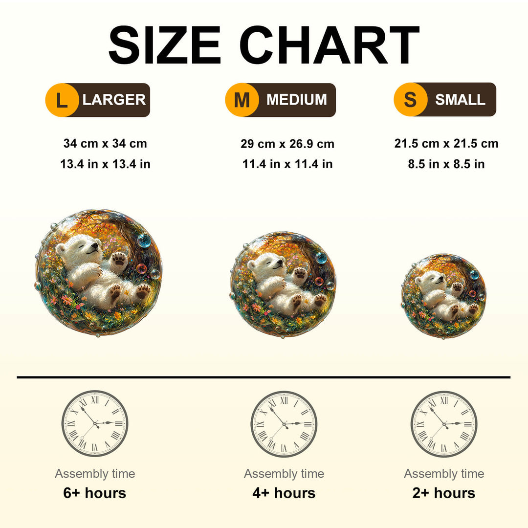 Size chart for Bubble Bear Wooden Jigsaw Puzzle: large, medium, and small sizes with assembly times.