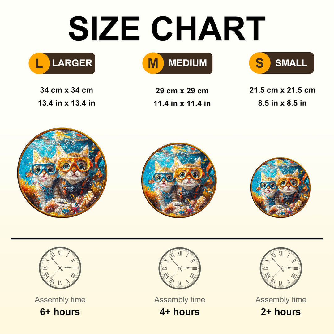 Size chart for Diving Cats Wooden Jigsaw Puzzle showing dimensions and assembly times for large, medium, and small sizes.