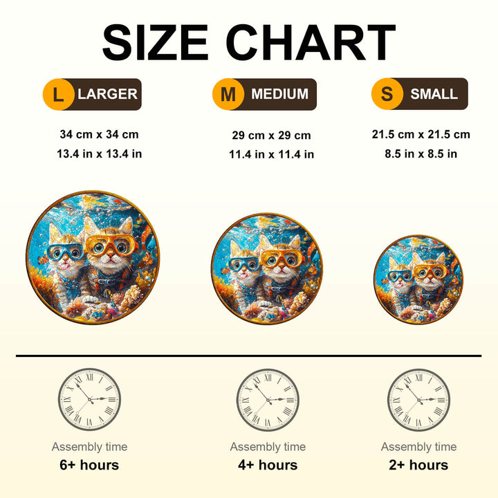 Size chart for Diving Cats Wooden Jigsaw Puzzle showing dimensions and assembly times for large, medium, and small sizes.