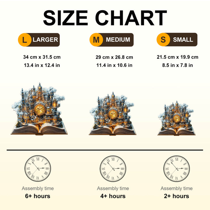 Size chart for Clockwork City Wooden Jigsaw Puzzle showing dimensions and assembly times for large, medium, and small sizes.
