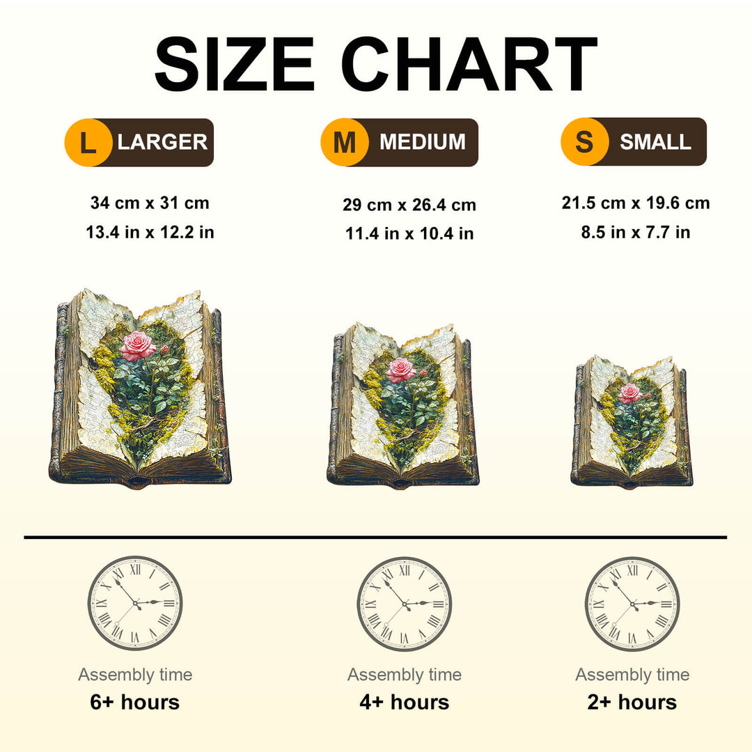 Size chart for The Last Bloom wooden jigsaw puzzle showing dimensions and assembly times for various sizes.