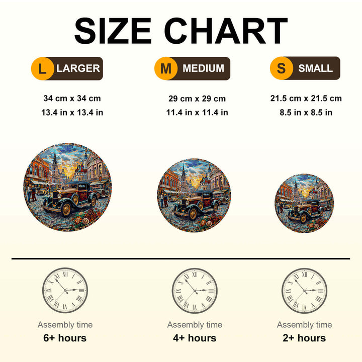 Size chart for Retro Street Wooden Jigsaw Puzzle featuring three sizes: Large, Medium, and Small with assembly times.