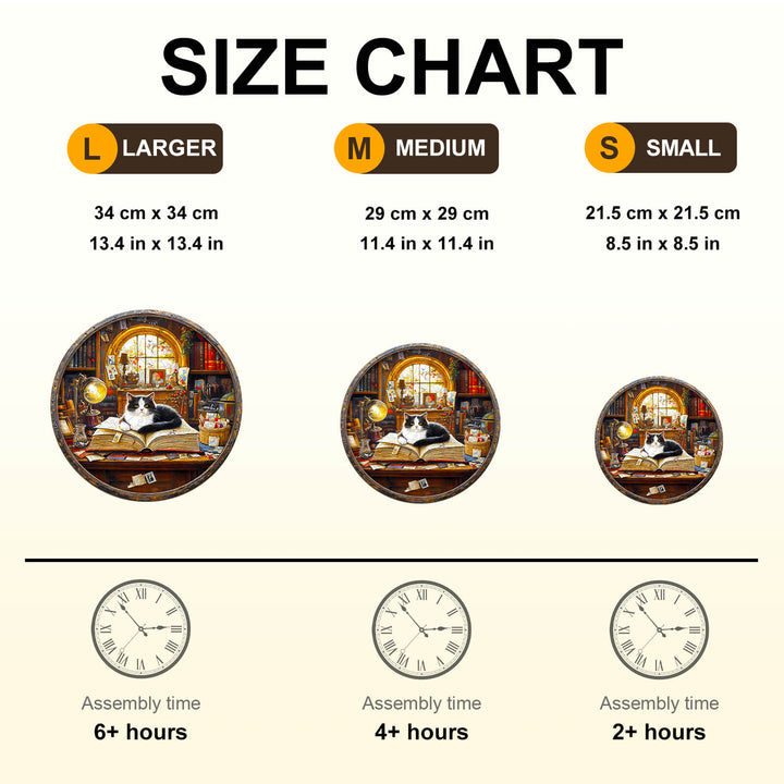 Size chart for Whiskers Library-2 wooden jigsaw puzzle showing dimensions and assembly times for various sizes.