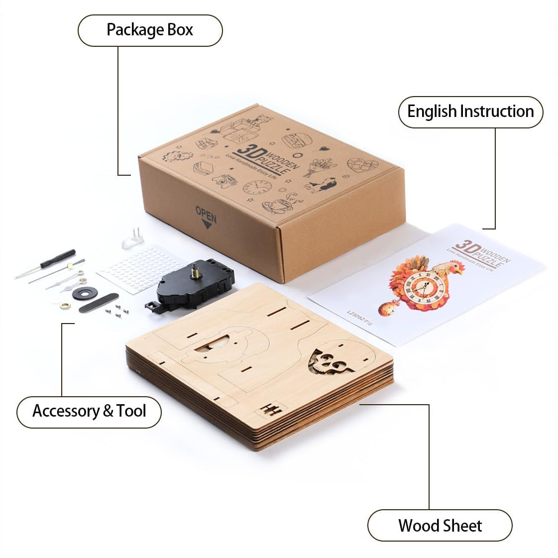 Cluck & Tick Hen 3D Wooden Puzzle Clock, Gift  for DIY Lovers, Home Decor