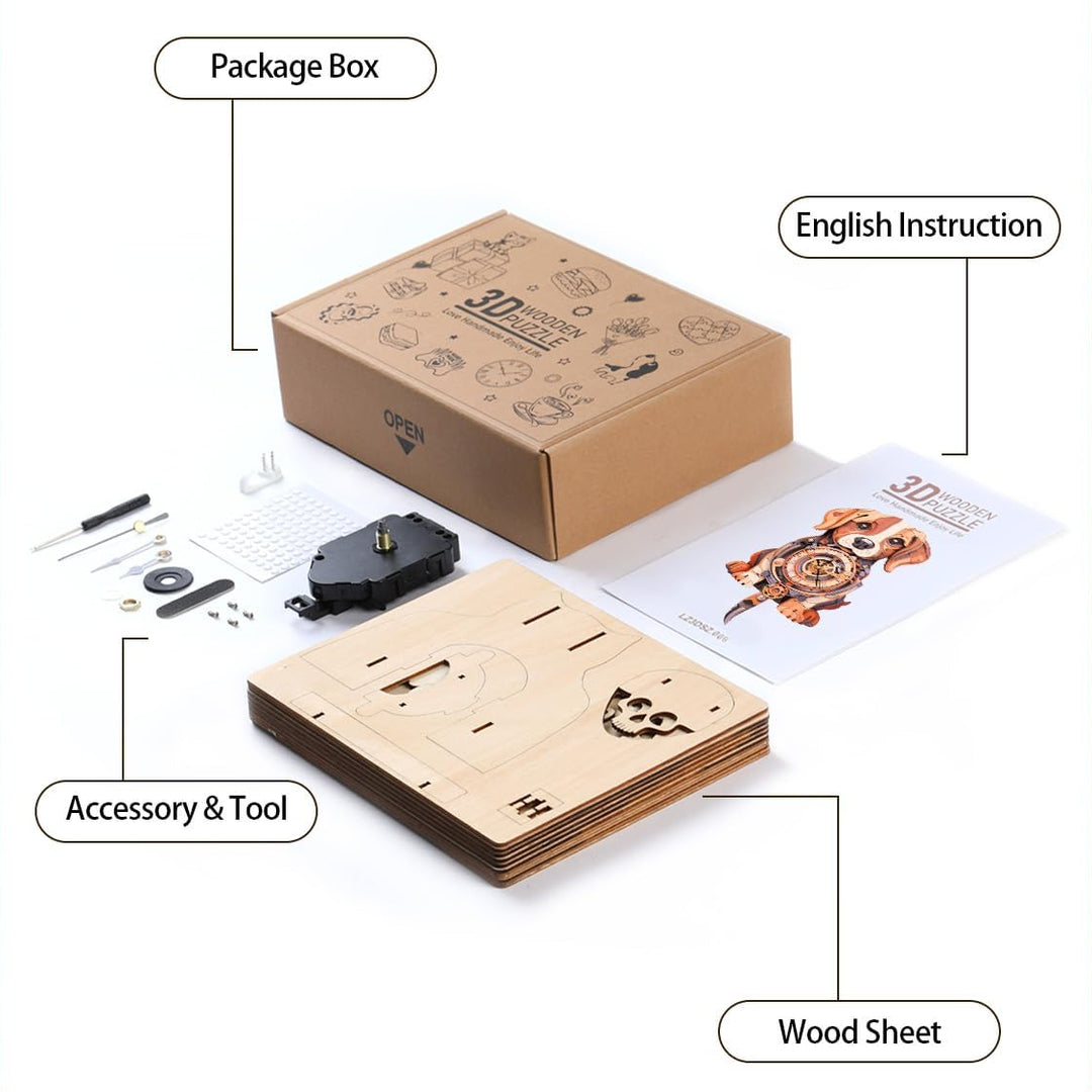 Cute Beagle DIY Wooden Clock, 3D Puzzle Craft Kit
