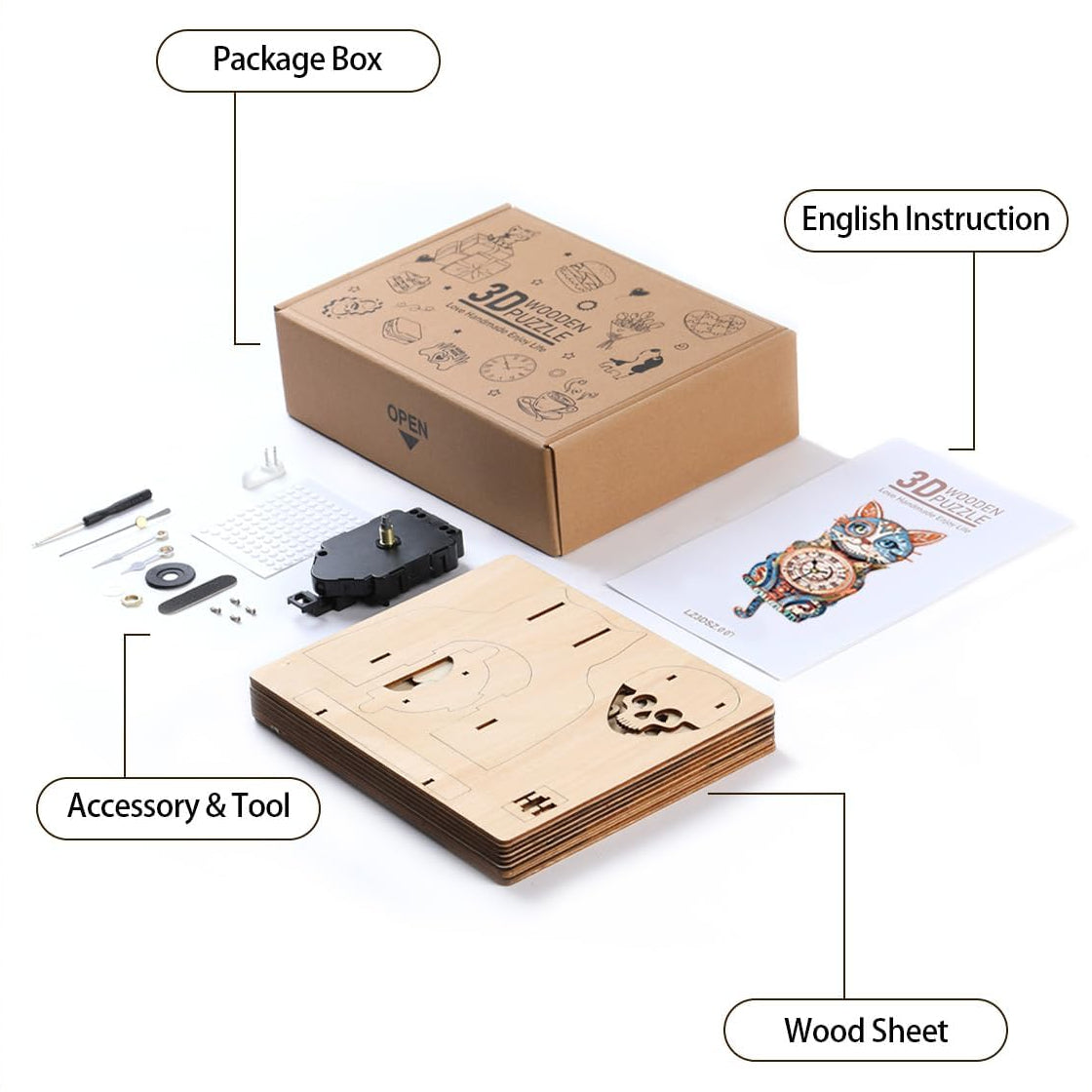 Cute Cat DIY Clock Kit - 3D Wooden Puzzle for Family Bonding