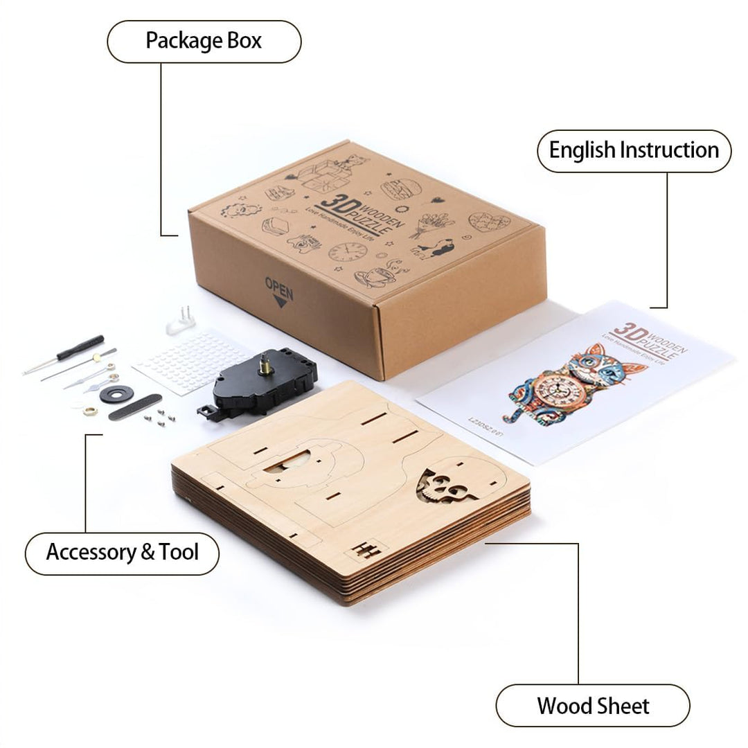 Cute Cat DIY Wooden Clock, 3D Puzzle Craft Kit