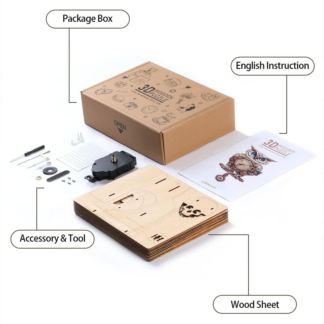 Mechanical Owl DIY Wooden Clock, 3D Puzzle Craft Kit