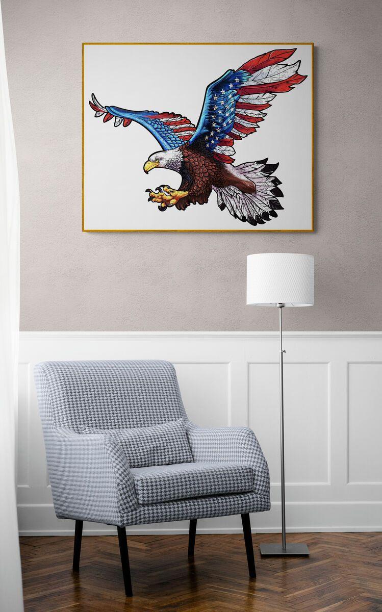 Colorful painting of an eagle in a modern living room setting with a stylish chair and floor lamp.