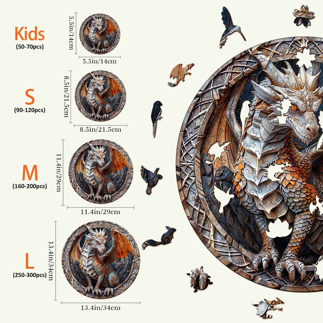 3D Cave Dragon Wooden Jigsaw Puzzle sizes for kids and adults, showcasing pieces and dimensions for engaging mind games.