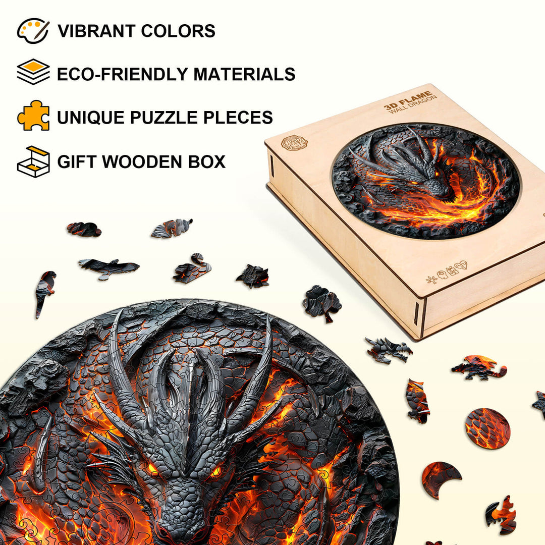 3D flame wall dragon wooden jigsaw puzzle featuring vibrant colors, eco-friendly materials, and unique puzzle pieces.