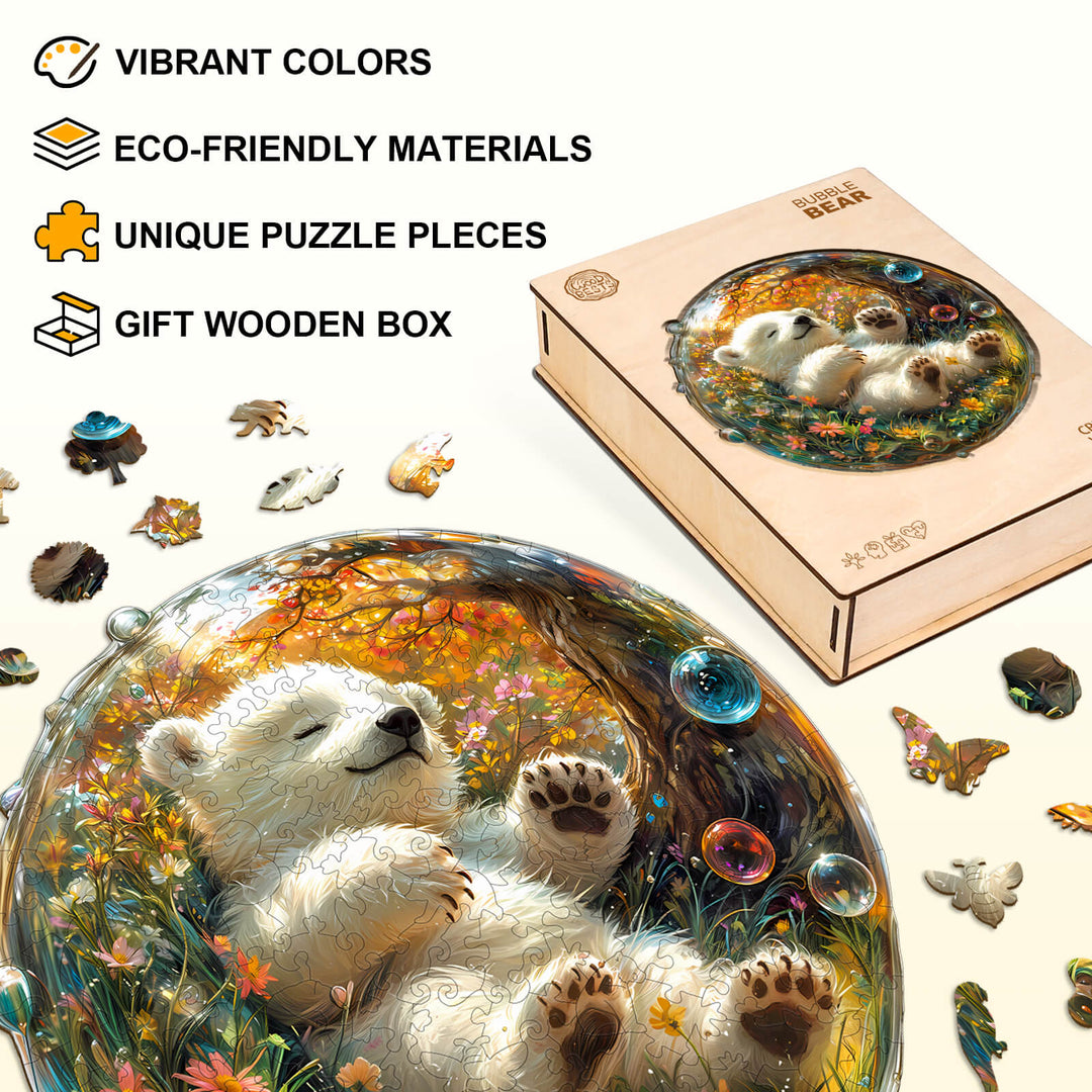 Bubble bear wooden jigsaw puzzle with vibrant colors, unique pieces, and eco-friendly materials in a gift box.