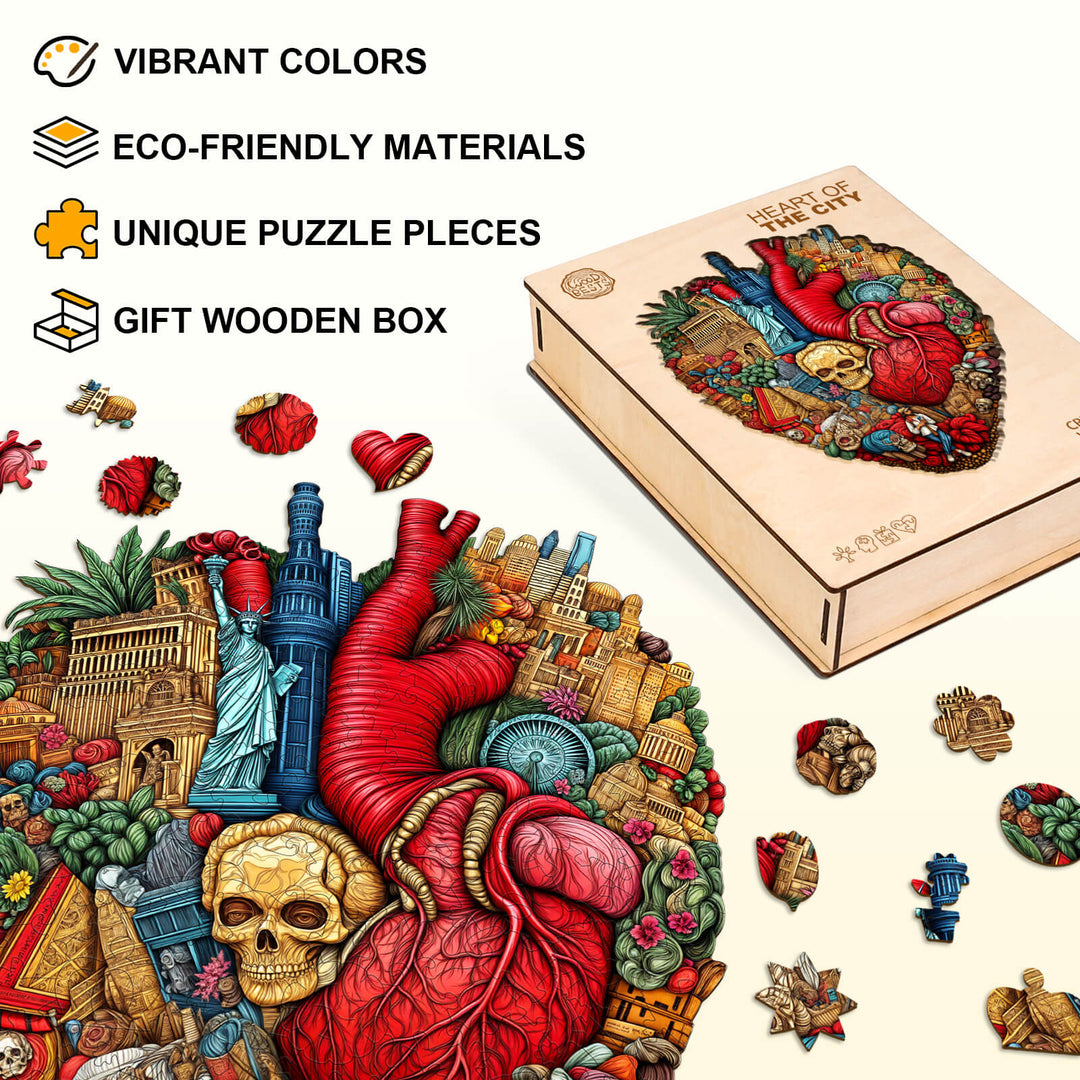 Heart of the City wooden jigsaw puzzle featuring vibrant colors, eco-friendly materials, and unique puzzle pieces in a gift box.