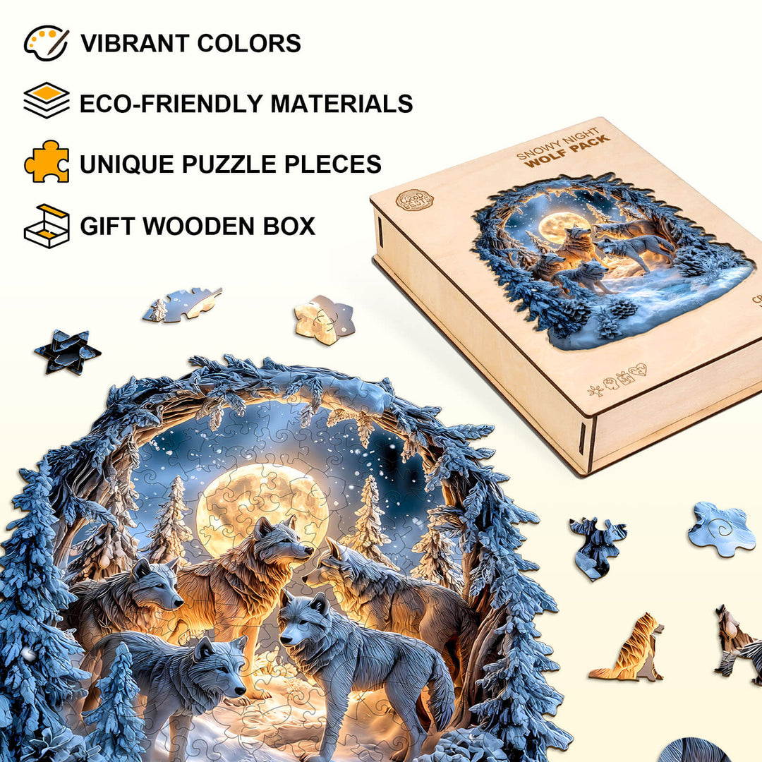 Snowy Night Wolf Pack Wooden Jigsaw Puzzle