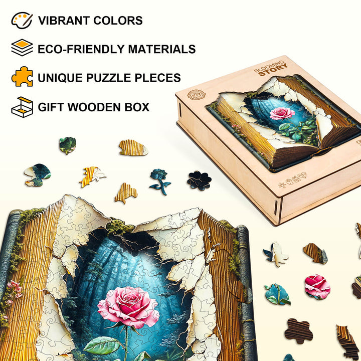 Blooming Story wooden jigsaw puzzle showcasing vibrant colors, eco-friendly materials, and unique puzzle pieces in a gift box.