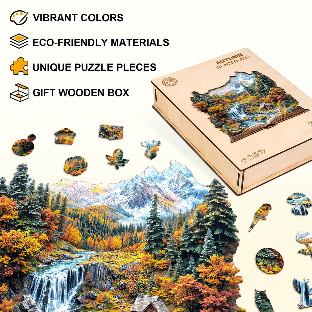 Autumn Wonderland wooden jigsaw puzzle featuring vibrant colors, eco-friendly materials, and unique puzzle pieces.