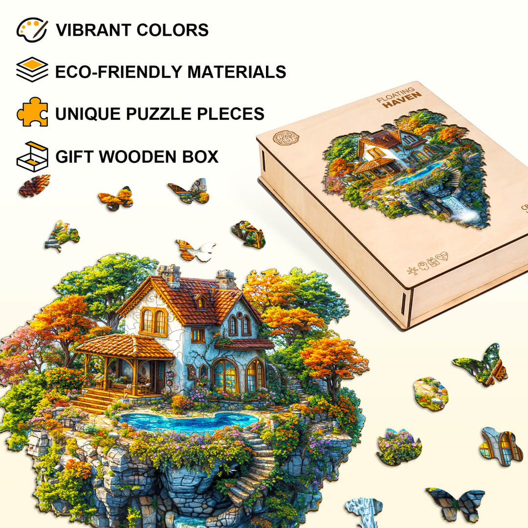 Floating Haven Wooden Jigsaw Puzzle featuring vibrant colors, eco-friendly materials, unique pieces, and a gift wooden box.