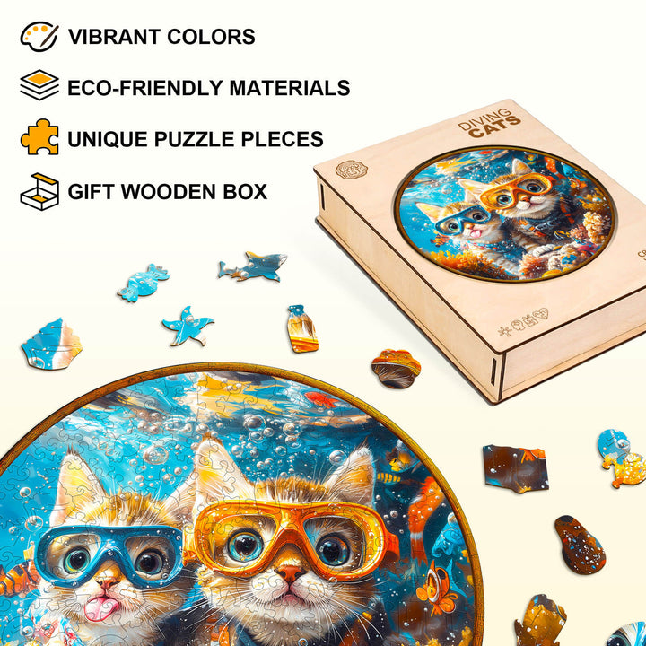 Diving Cats wooden jigsaw puzzle with vibrant colors, eco-friendly materials, unique pieces, and a gift box.