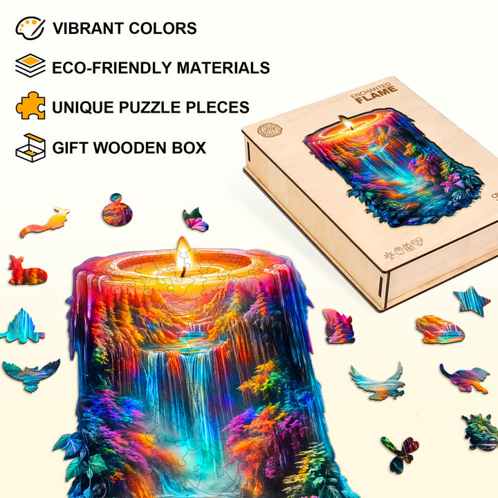 Enchanted Flame Wooden Jigsaw Puzzle with vibrant colors, eco-friendly materials, and unique puzzle pieces in a gift box.