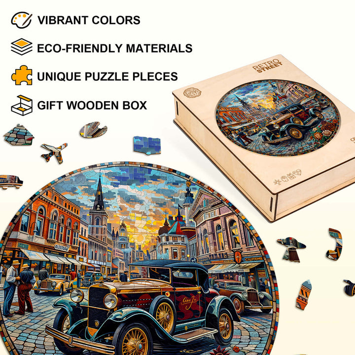 Vintage wooden jigsaw puzzle featuring a retro street scene with vibrant colors and unique puzzle pieces in a gift wooden box.