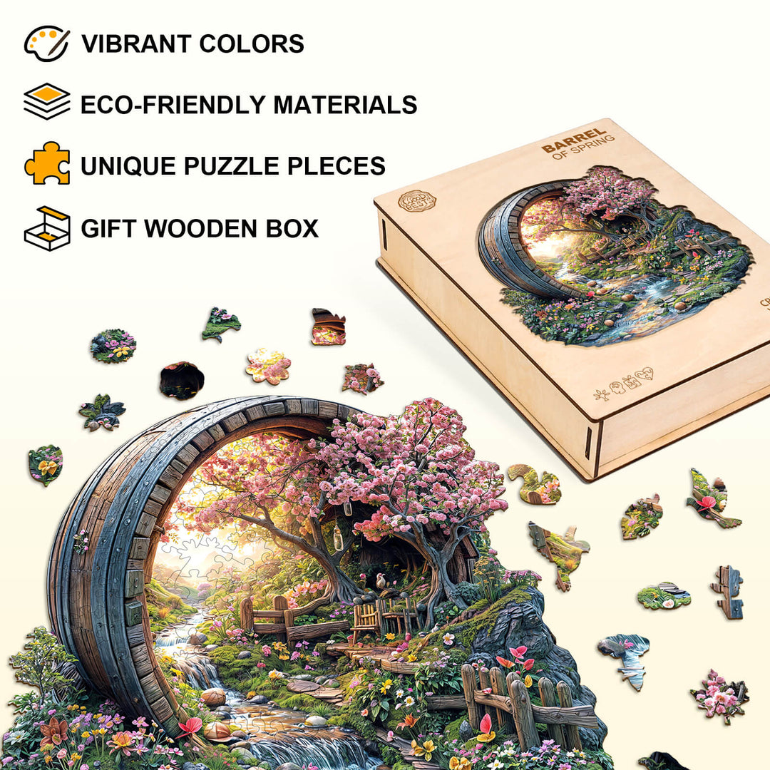 Barrel of Spring wooden jigsaw puzzle featuring vibrant colors, eco-friendly materials, and unique pieces in a gift box.