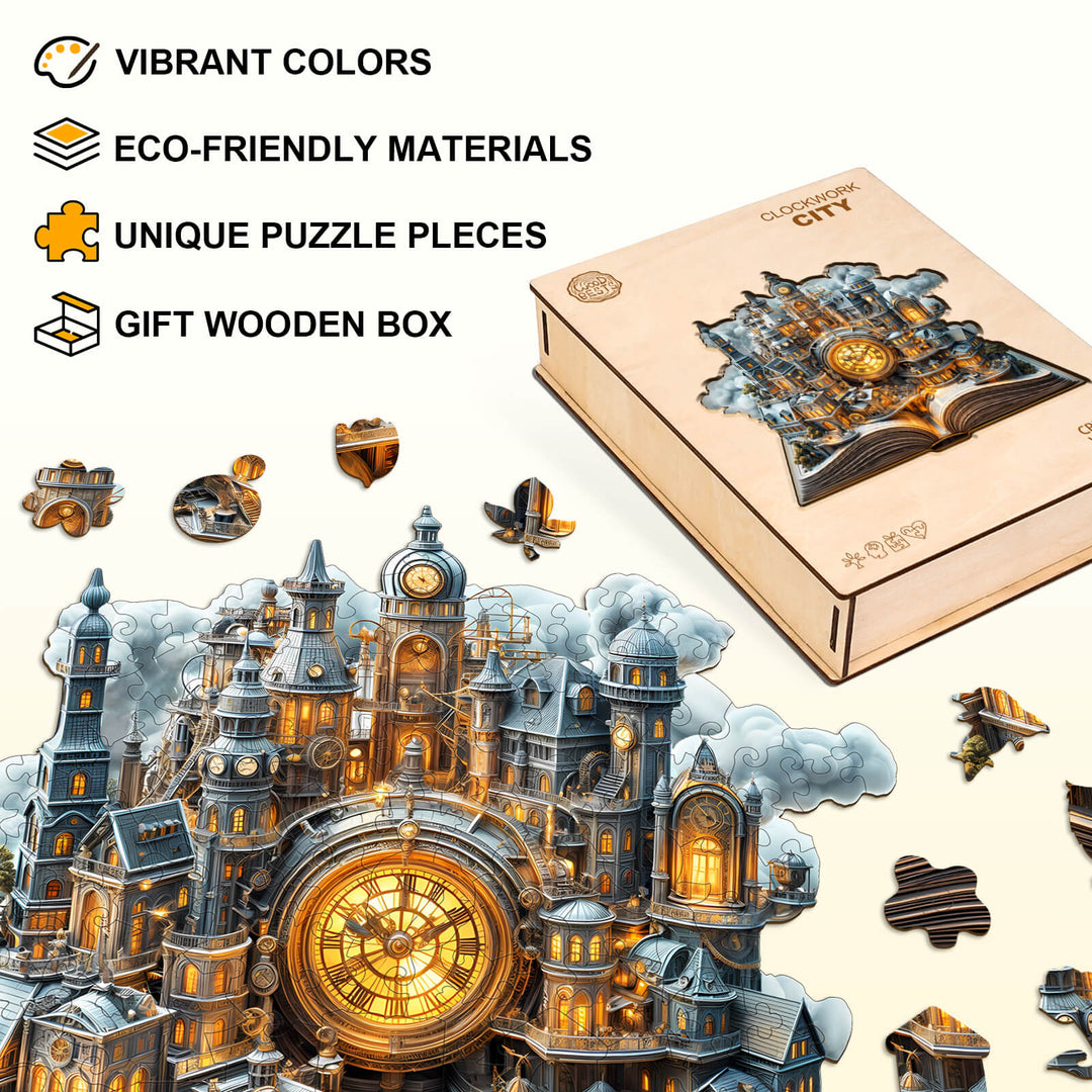 Clockwork City Wooden Jigsaw Puzzle with vibrant colors, eco-friendly materials, and unique pieces in a gift box.
