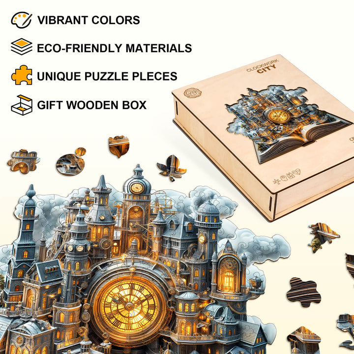 Clockwork City Wooden Jigsaw Puzzle with vibrant colors, eco-friendly materials, and unique pieces in a gift box.