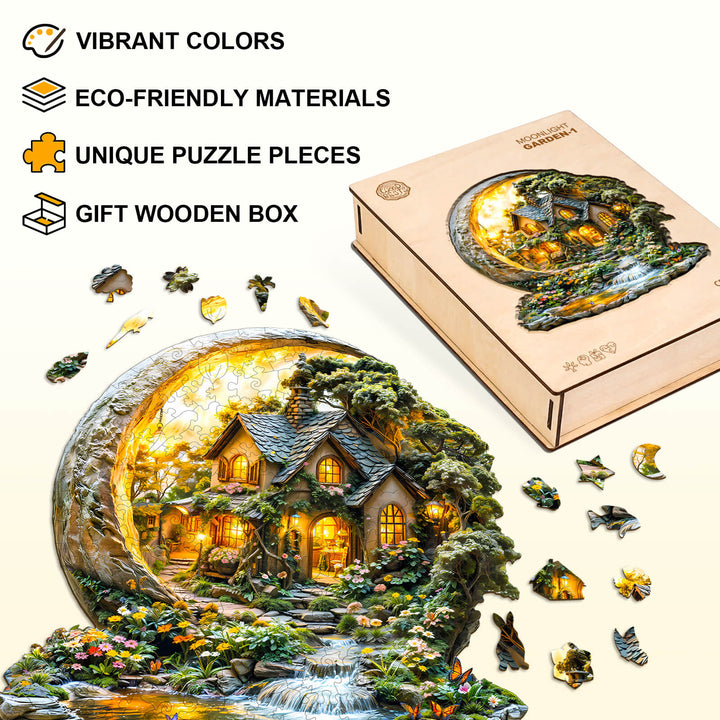 Moonlight Garden-1 wooden jigsaw puzzle featuring vibrant colors and eco-friendly materials in a gift box.