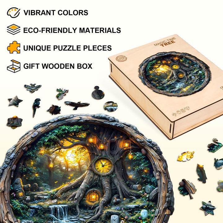 Magic time tree wooden jigsaw puzzle with vibrant colors, eco-friendly materials, and unique pieces in a gift box.