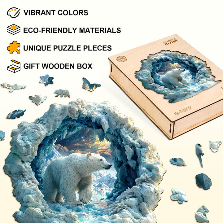 3D Arctic Glory Wooden Jigsaw Puzzle with vibrant colors, eco-friendly materials, and unique puzzle pieces in a gift box.