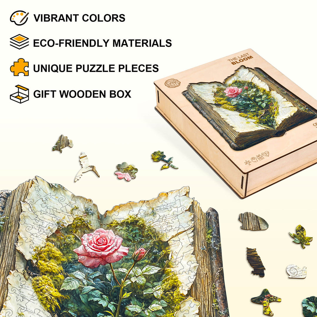 The Last Bloom wooden jigsaw puzzle with vibrant colors, eco-friendly materials, and unique pieces in a gift box.