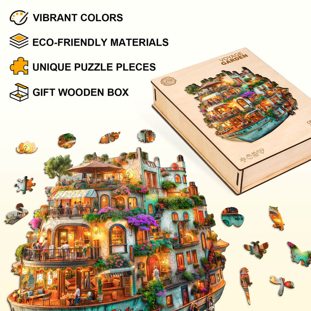 Voyage Garden Wooden Jigsaw Puzzle featuring vibrant colors, eco-friendly materials, unique pieces, and a gift wooden box.