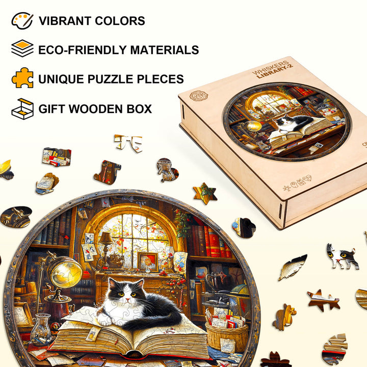 Whiskers Library-2 wooden jigsaw puzzle with vibrant colors, eco-friendly materials, and unique pieces in a gift box.