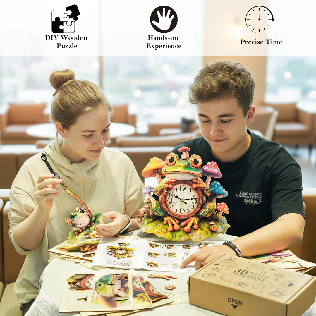 Forest Frog 3D Wooden Puzzle Clock, Gift  for DIY Lovers, Home Decor