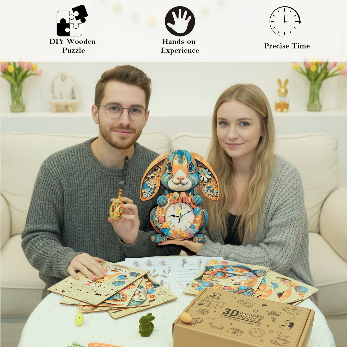 Easter Bunny 3D Wooden Puzzle Clock, Gift  for DIY Lovers, Home Decor