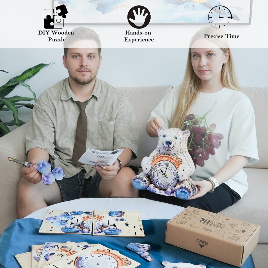 Polar Bear 3D Wooden Puzzle Clock, DIY Craft Kit