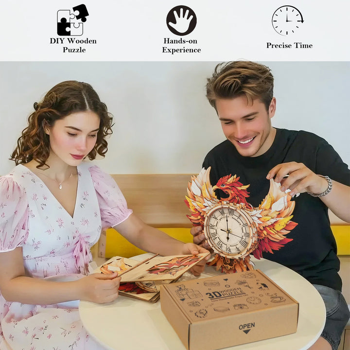 Elegant Phoenix DIY Wooden Clock, 3D Puzzle Craft Kit