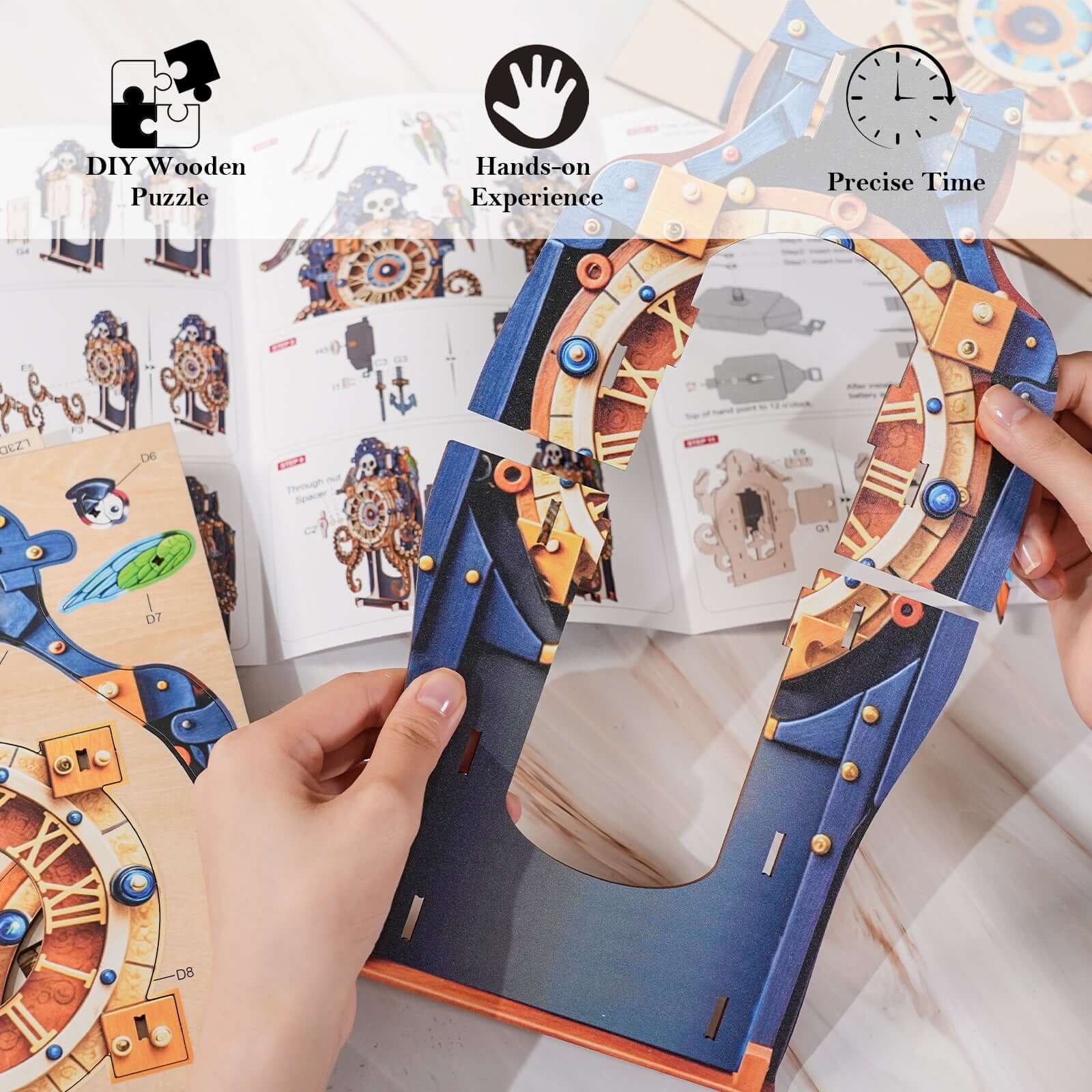 Skull Captain's Phantom Voyage DIY Wooden Clock, 3D Puzzle Craft Kit