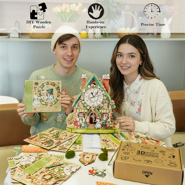 Egg Cabin 3D Wooden Puzzle Clock, Gift for DIY Lovers, Home Decor