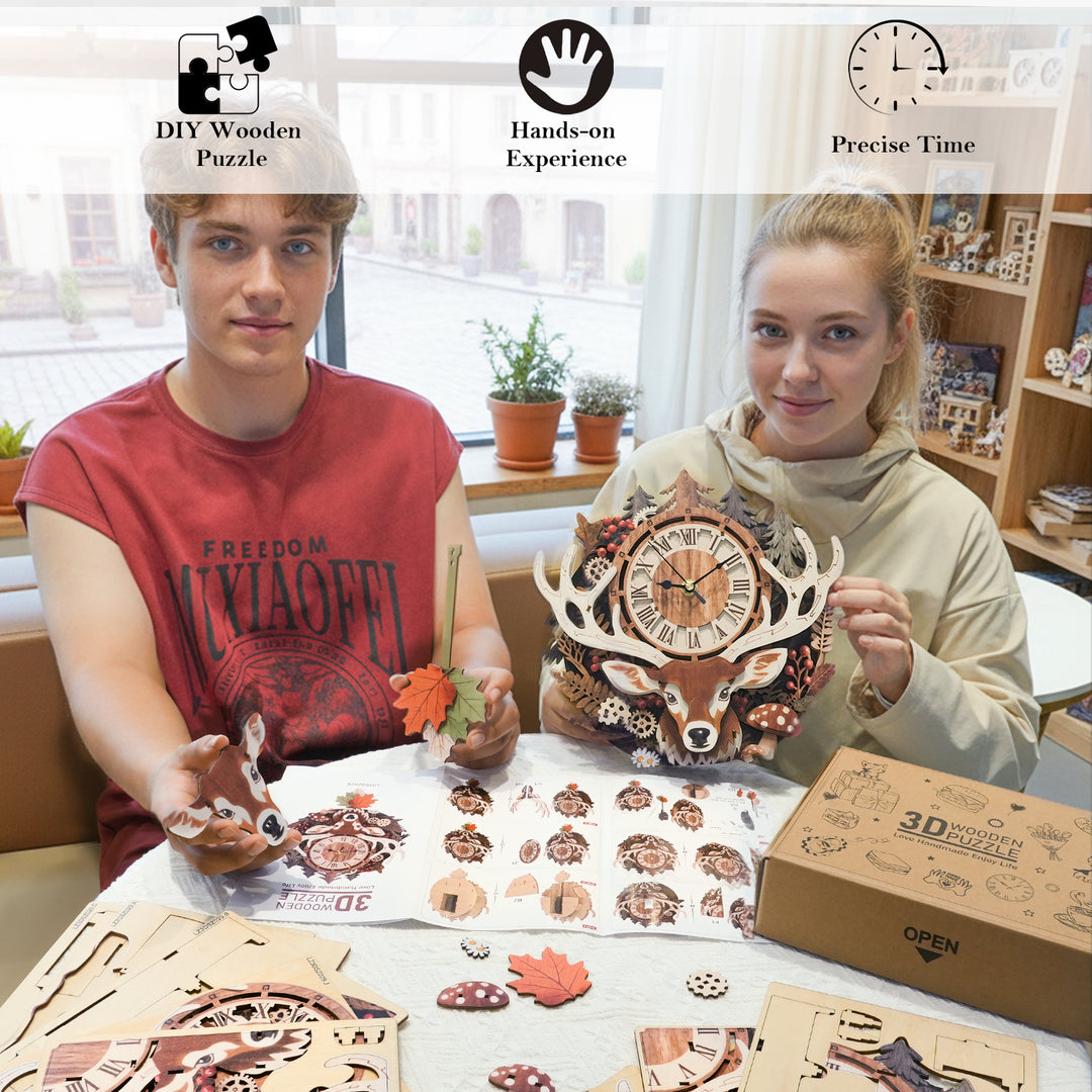 Reindeer 3D Wooden Puzzle Clock, DIY Craft Kit