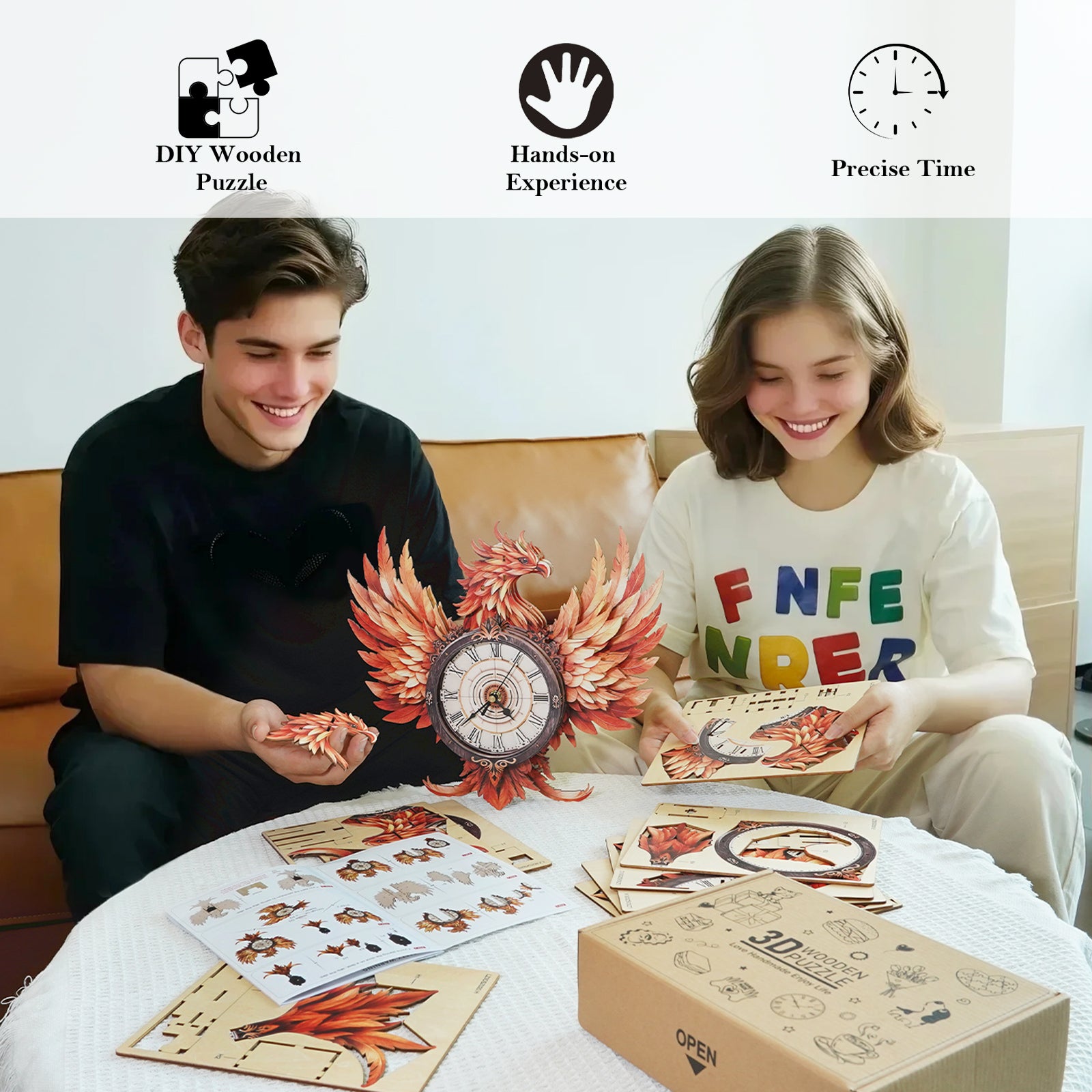 Fire Phoenix DIY Wooden Clock, 3D Puzzle Craft Kit